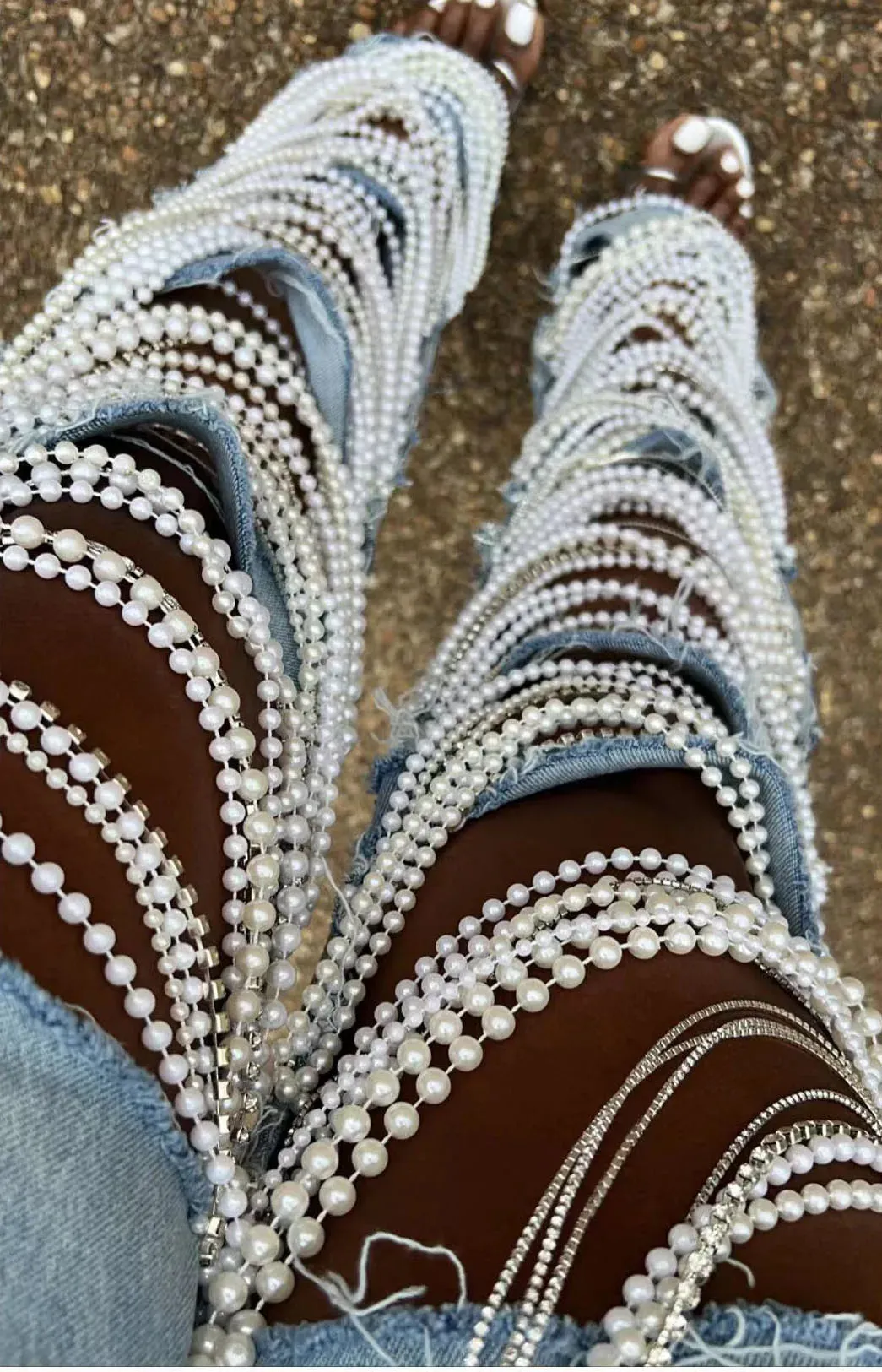 Women's Straight Distressed Jeans  Holes Pearls Diamond Rhinestones Solid High Waist Cotton High Street Denim Pants