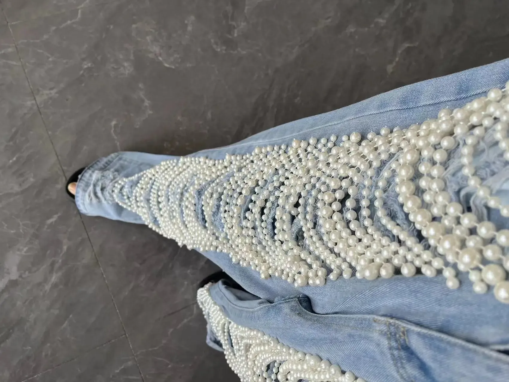 Women's Straight Distressed Jeans  Holes Pearls Diamond Rhinestones Solid High Waist Cotton High Street Denim Pants