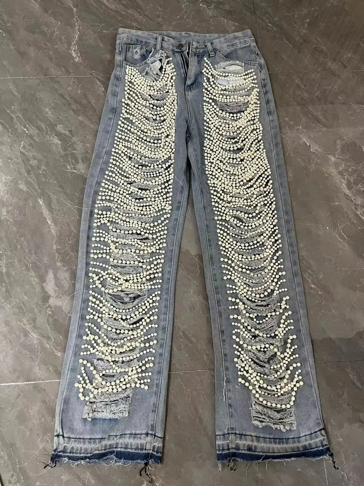 Women's Straight Distressed Jeans  Holes Pearls Diamond Rhinestones Solid High Waist Cotton High Street Denim Pants