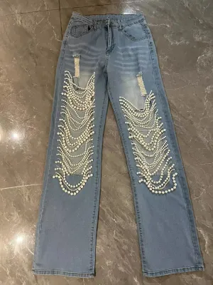 Women's Straight Distressed Jeans  Holes Pearls Diamond Rhinestones Solid High Waist Cotton High Street Denim Pants