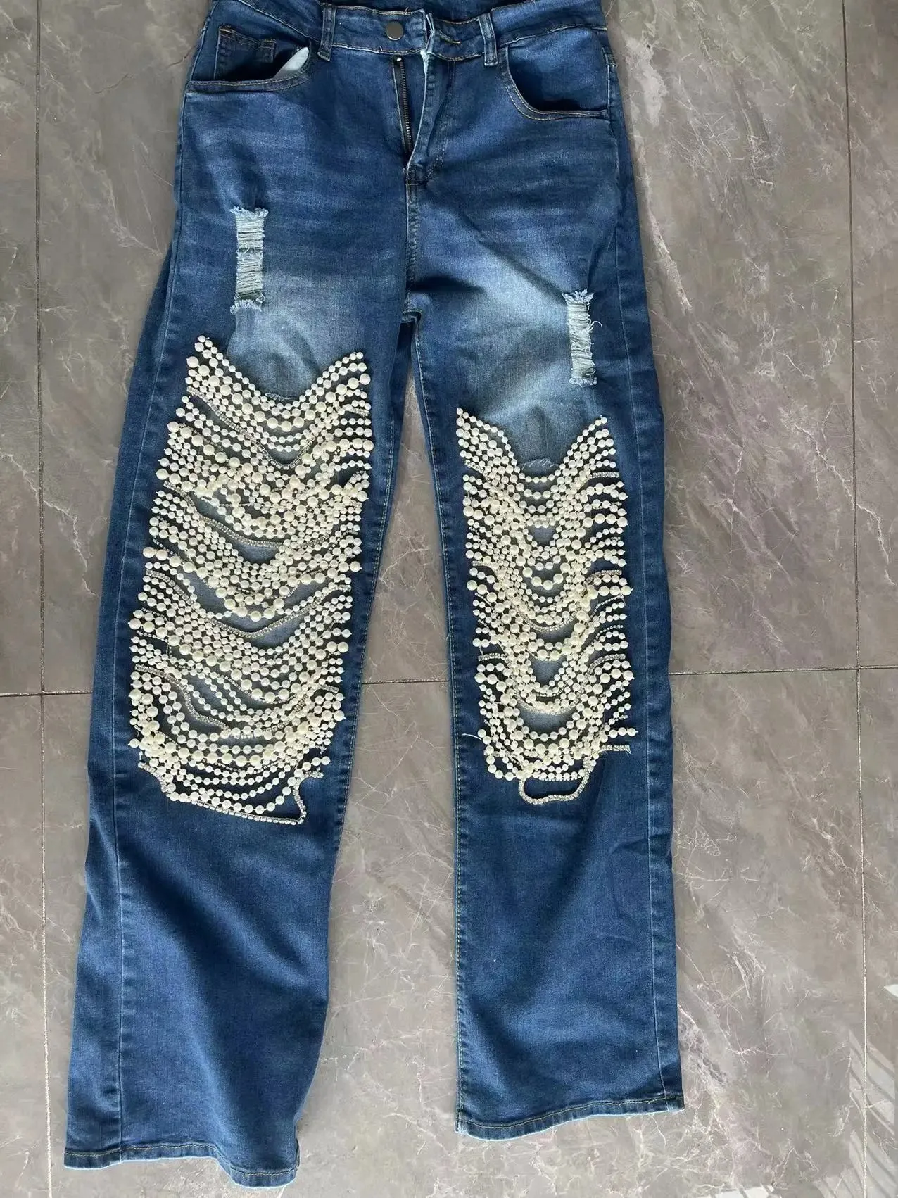 Women's Straight Distressed Jeans  Holes Pearls Diamond Rhinestones Solid High Waist Cotton High Street Denim Pants