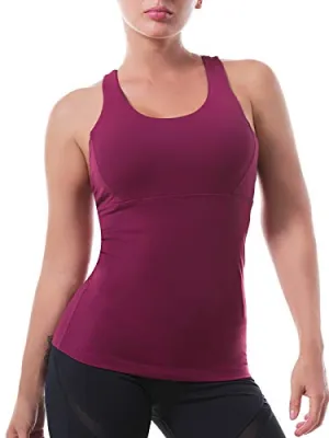 Women’s Yoga Tops Activewear Workout Shirts Sports Racerback Strappy Tank Tops with Built-in Support Bra Purplish Red