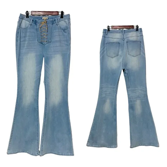 Wonderly Curvy Bell Bottom Flared Leg Jeans Blue