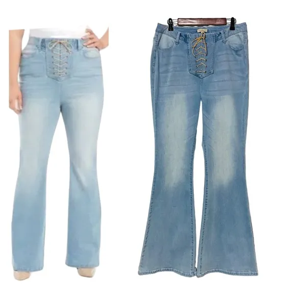 Wonderly Curvy Bell Bottom Flared Leg Jeans Blue