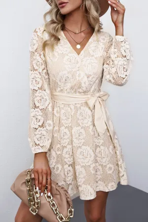 Wrap-V-Neck Belted Crochet Lace Mini Dress