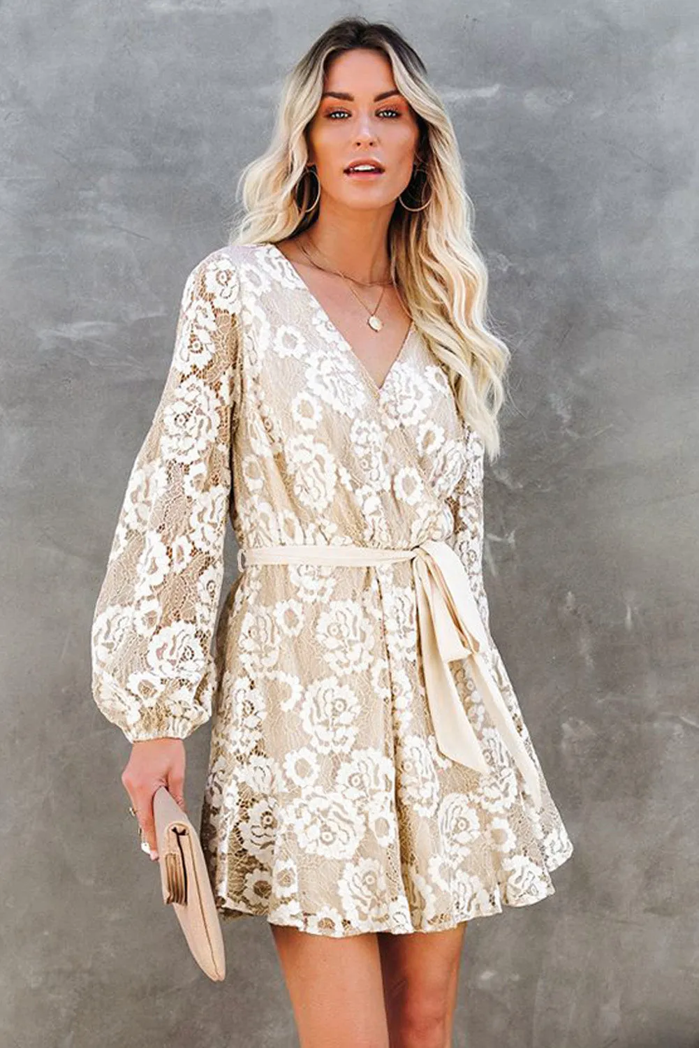 Wrap-V-Neck Belted Crochet Lace Mini Dress