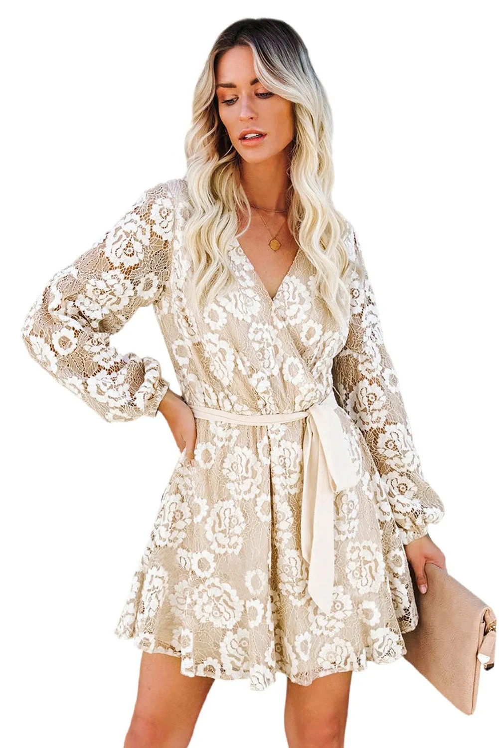 Wrap-V-Neck Belted Crochet Lace Mini Dress
