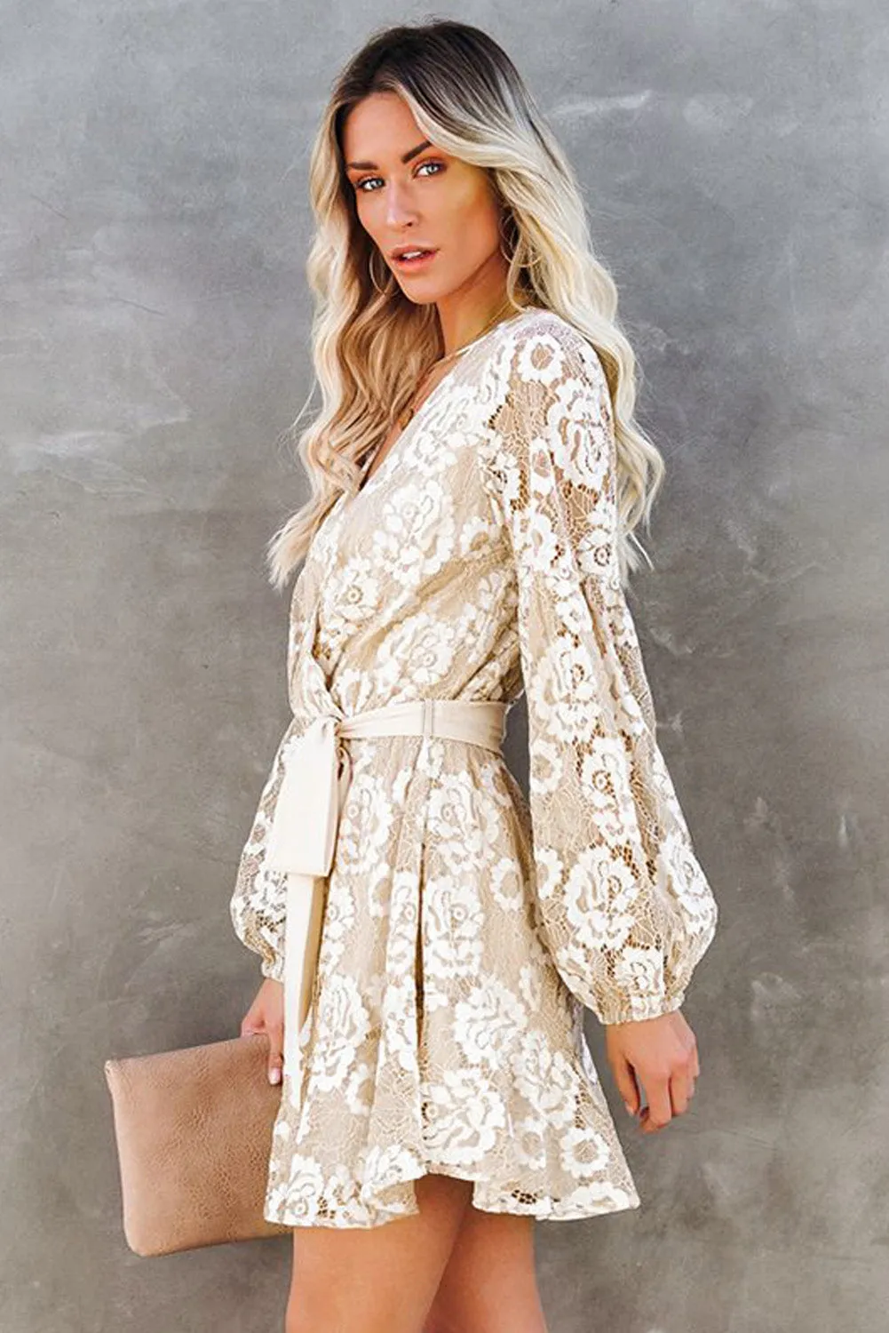 Wrap-V-Neck Belted Crochet Lace Mini Dress