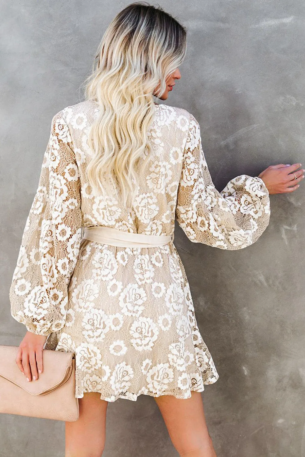 Wrap-V-Neck Belted Crochet Lace Mini Dress