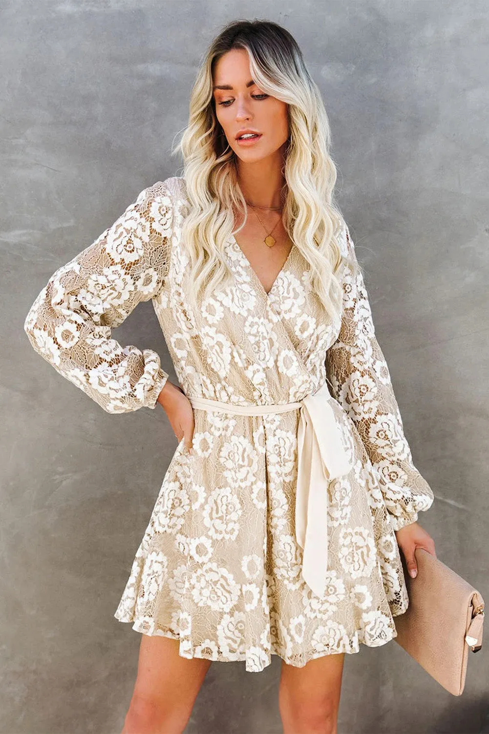 Wrap-V-Neck Belted Crochet Lace Mini Dress