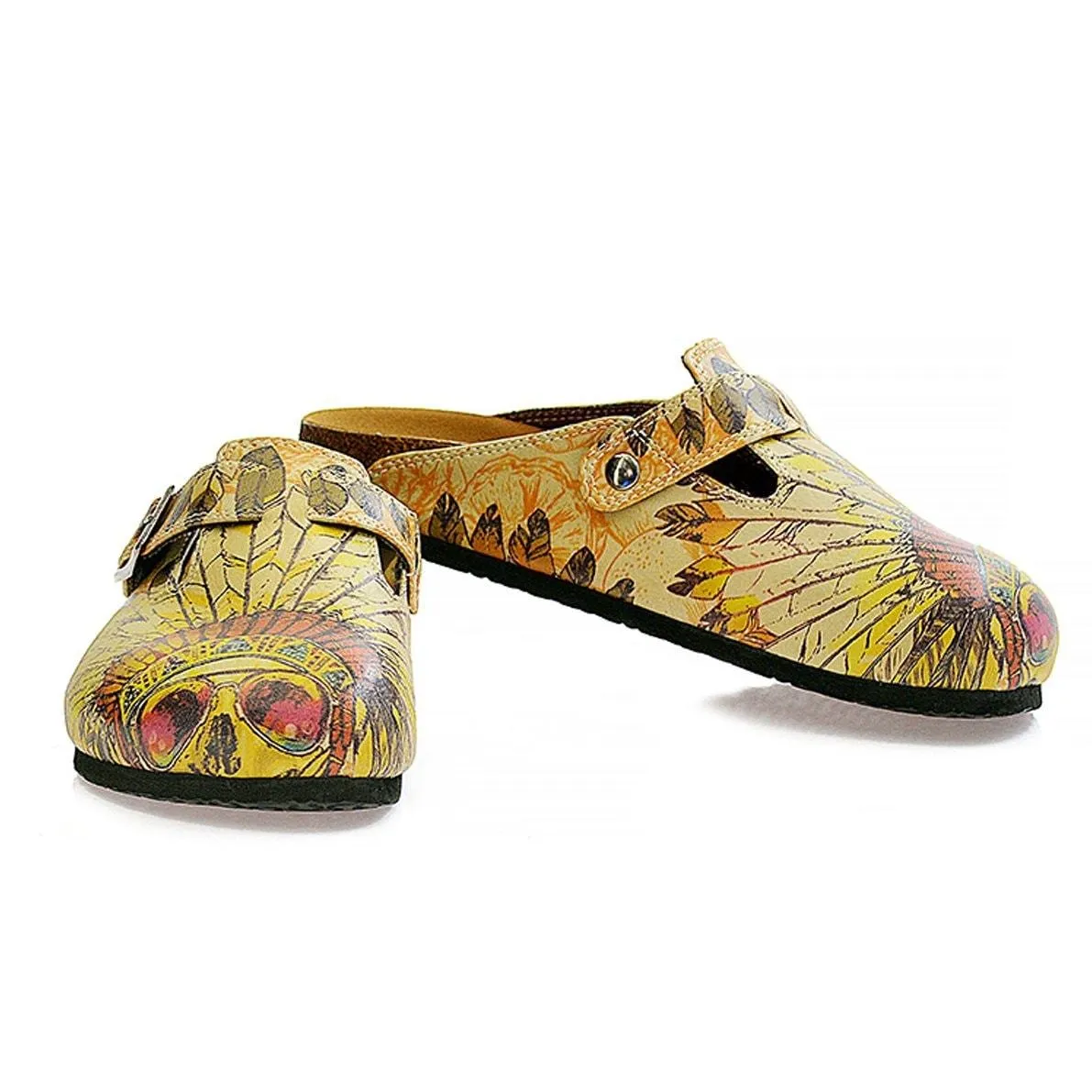 Yellow and Red Indian Skull Patterned Logs Clogs - CAL313