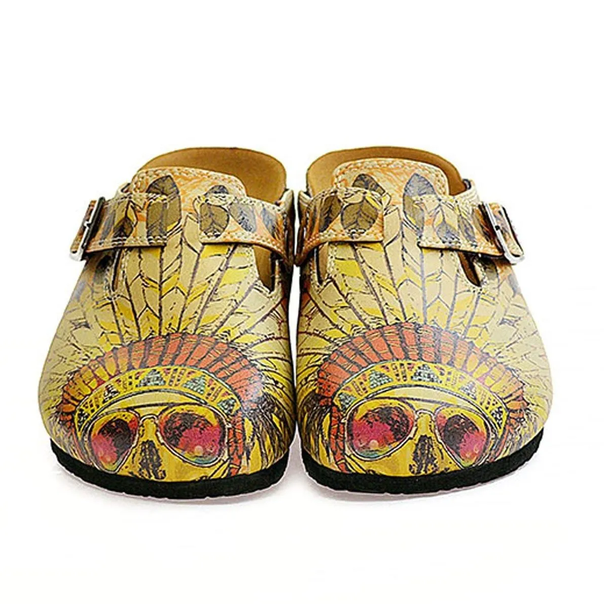 Yellow and Red Indian Skull Patterned Logs Clogs - CAL313
