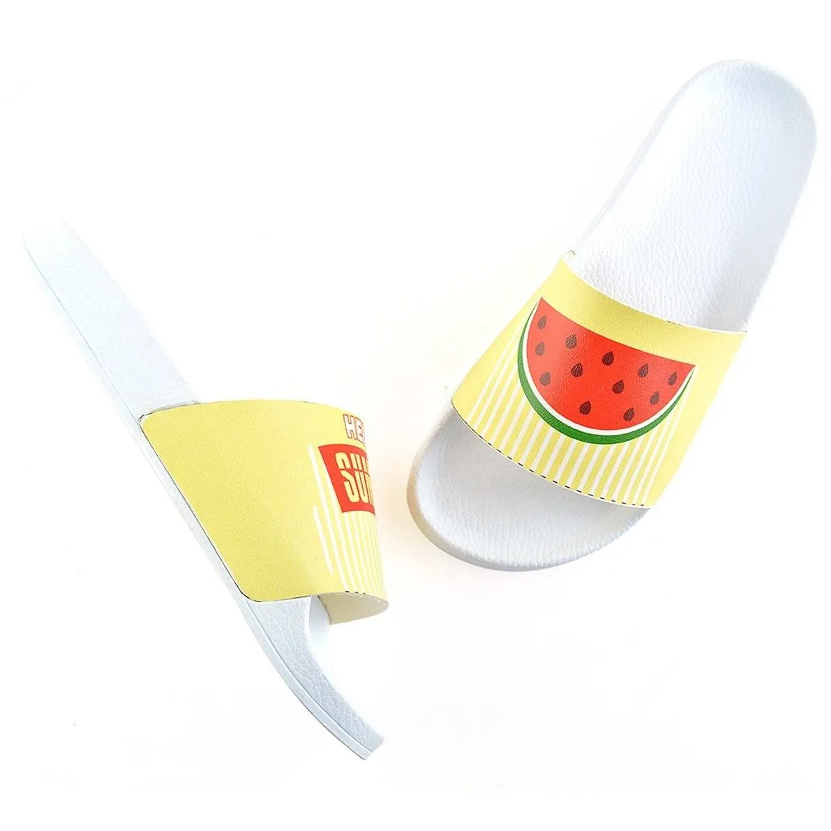 Yellow and White Striped and Watermelon Patterned, Hello Summer Written Patterned Sandal - CAP102